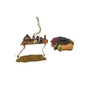 Set of 2 Thanksgiving Magnets 3-D Resin Pilgrim Turkey Scene & Harvest Veggies